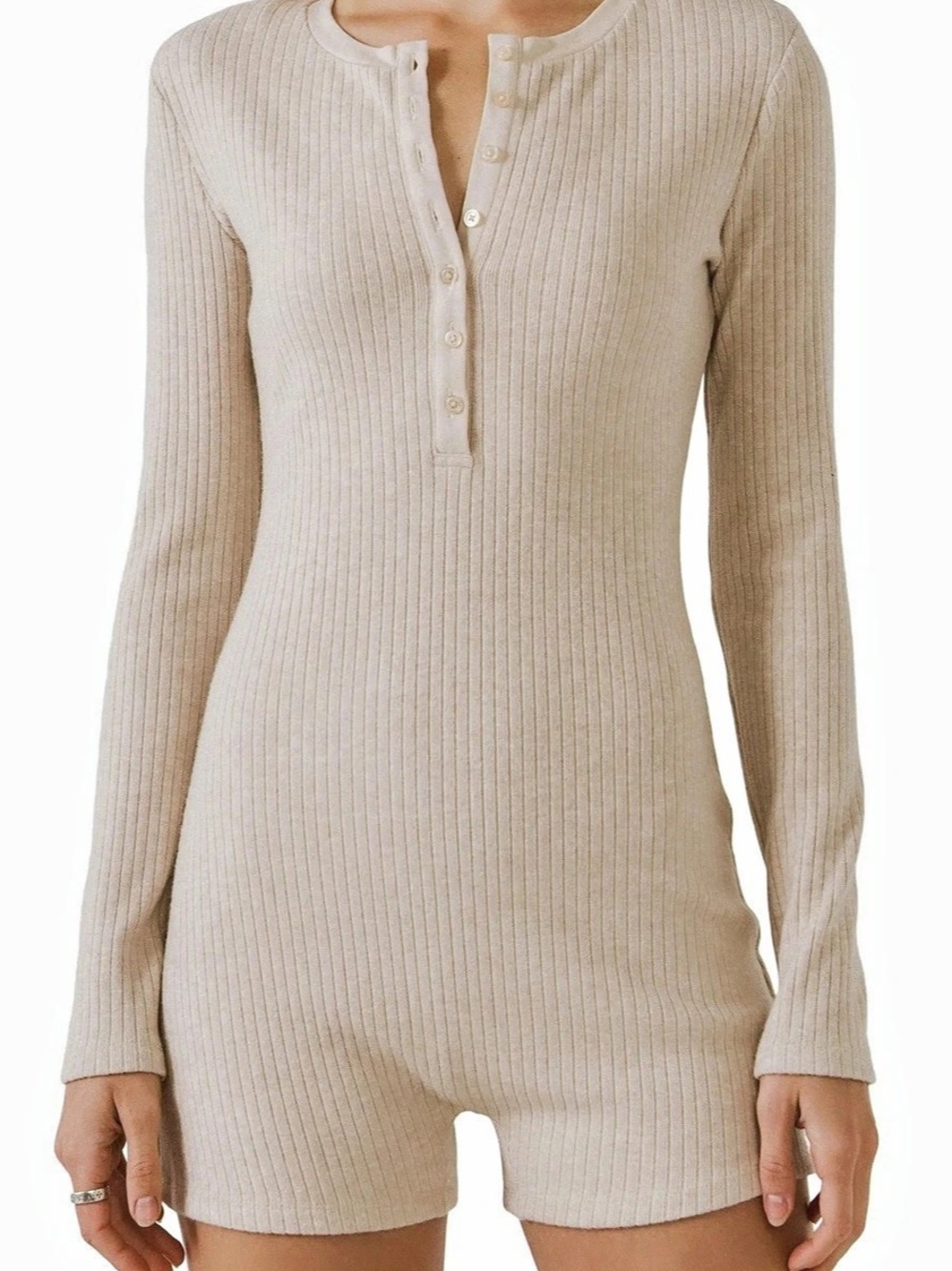 Grey Lab Ribbed Long Sleeve Romper in Oatmeal Size Large NWT